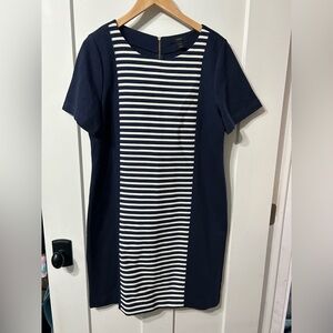 J. Crew Ponte Knit Mini Dress Navy Cream Stripe Short Sleeve Zipper